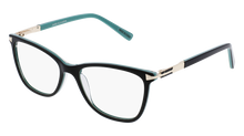  Friday Frames eyeglasses with a plastic black outer frame and light blue inner frame