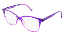  Eyeglasses with a purple and pink plastic frame and magnetic sunglasses clip