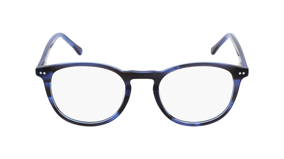 A pair of blue and black eyeglasses with circular lenses
